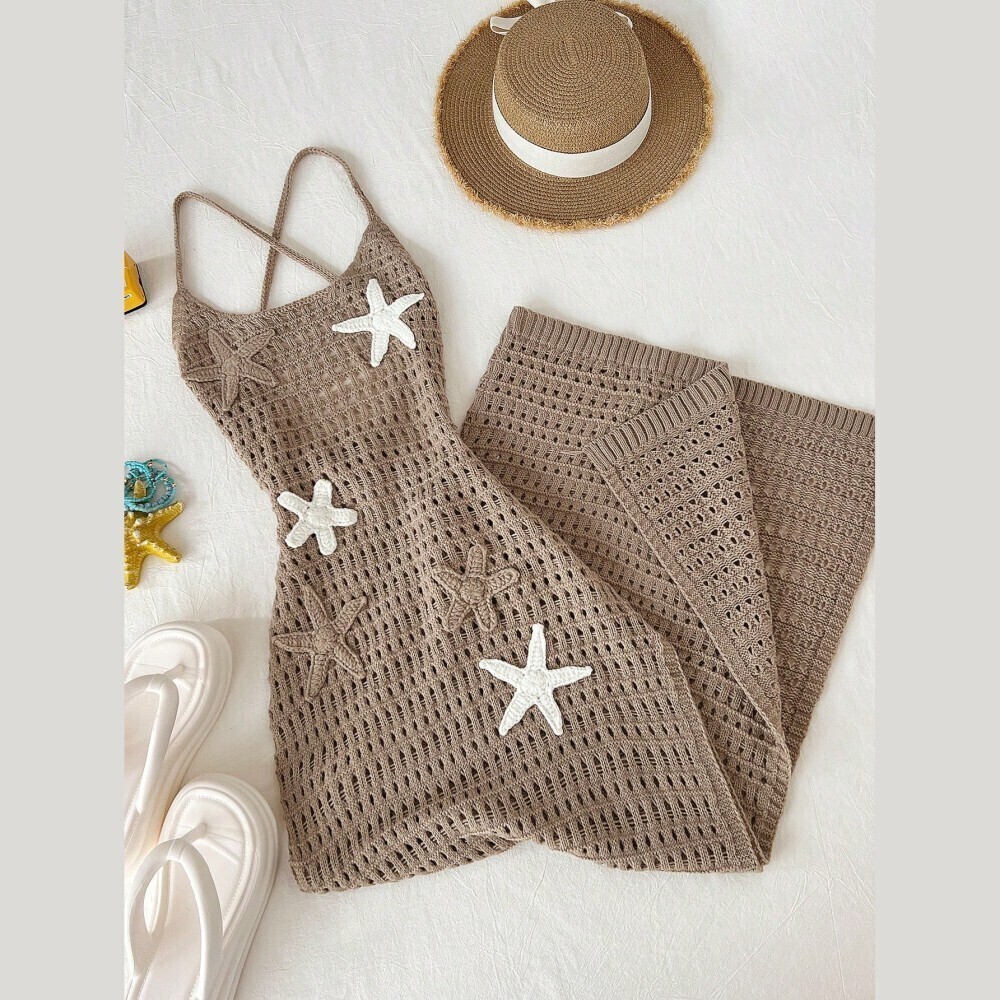 Tan Crochet Knit Starfish Detailed Spaghetti Strap Maxi Dress
